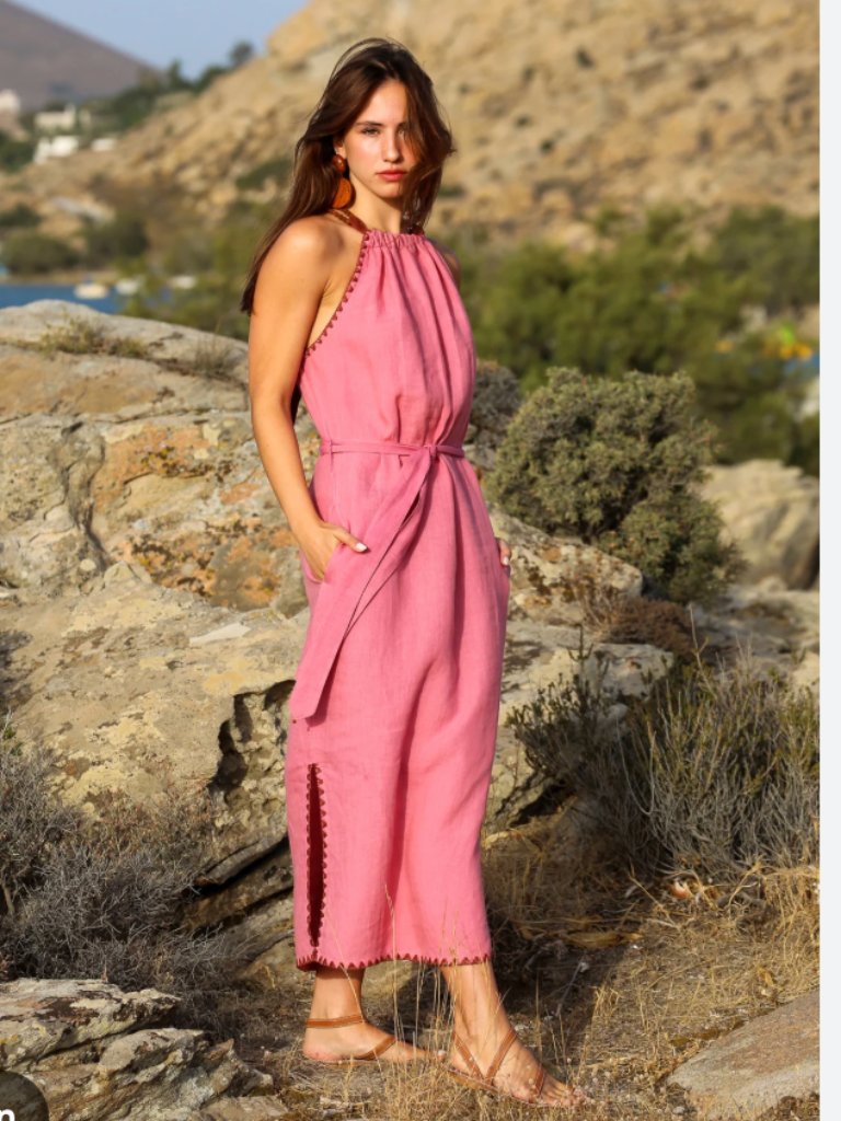 Buggy Hera Linen Halter Neck Dress Womens Small Pink Rose Sleeveless Belted Maxi